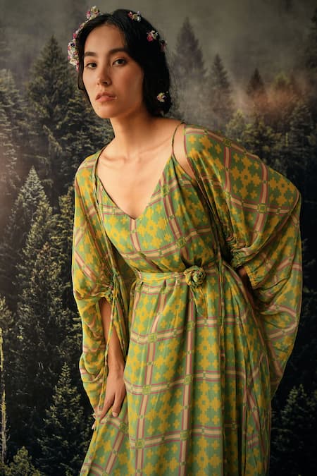 Paulmi And Harsh_Green Jacket  Organza And Maxi Dress Crepe Geometric Print V Neck Strappy With _at_Aza_Fashions