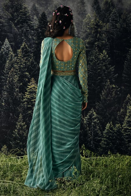 Shop Paulmi And Harsh Blue Saree Chiffon And Blouse Georgette Cutdana & Sequin, Pre-draped With at Aza Fashions Shop_Paulmi And Harsh_Blue Saree Chiffon And Blouse Georgette Cutdana & Sequin, Pre-draped With _at_Aza_Fashions