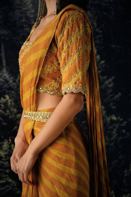 Paulmi And Harsh Yellow Saree Chiffon And Blouse Cotton Silk Cutdana & Sequin, Pre-draped With at Aza Fashions Paulmi And Harsh_Yellow Saree Chiffon And Blouse Cotton Silk Cutdana & Sequin, Pre-draped With_at_Aza_Fashions