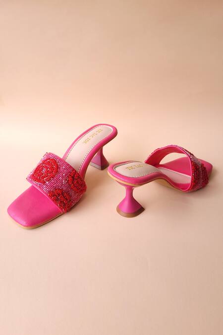 Tic Tac Toe Footwear_Pink Rose Embroidered Spool Heels_Online_at_Aza_Fashions