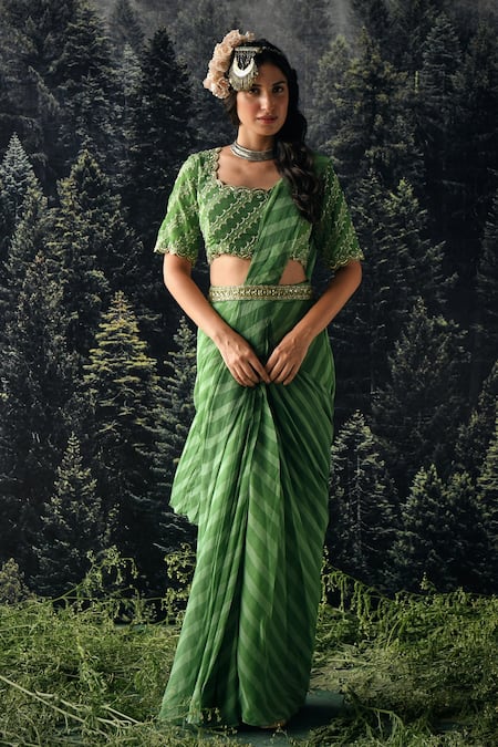 Paulmi And Harsh Green Saree Chiffon And Blouse Georgette Cutdana & Sequin, Pre-draped With Online at Aza Fashions Paulmi And Harsh_Green Saree Chiffon And Blouse Georgette Cutdana & Sequin, Pre-draped With _Online_at_Aza_Fashions