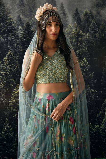 Shop Paulmi And Harsh Blue Floral Print, Mirror, Sequin And Cutdana V Neck Lehenga Set Online at Aza Fashions Shop_Paulmi And Harsh_Blue Floral Print, Mirror, Sequin And Cutdana V Neck Lehenga Set _Online_at_Aza_Fashions