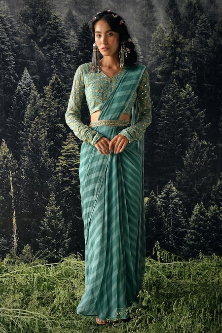 Paulmi And Harsh Blue Saree Chiffon And Blouse Georgette Cutdana & Sequin, Pre-draped With Online at Aza Fashions Paulmi And Harsh_Blue Saree Chiffon And Blouse Georgette Cutdana & Sequin, Pre-draped With _Online_at_Aza_Fashions