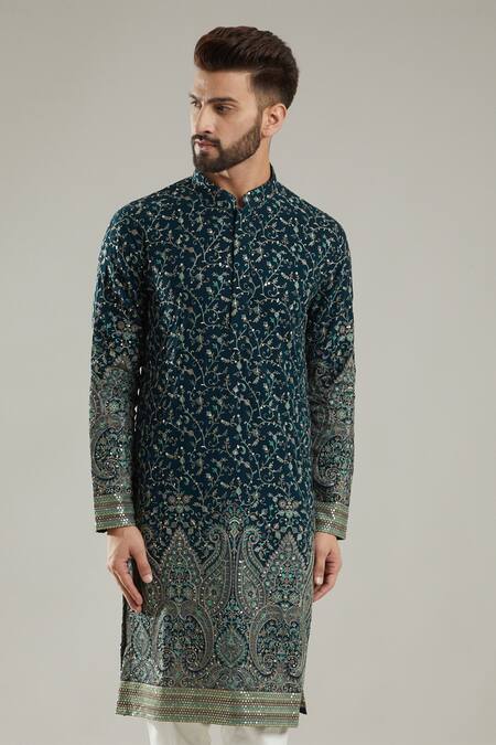 Kasbah_Green Georgette Kashmiri Embroidered Full Sleeve Kurta_Online_at_Aza_Fashions