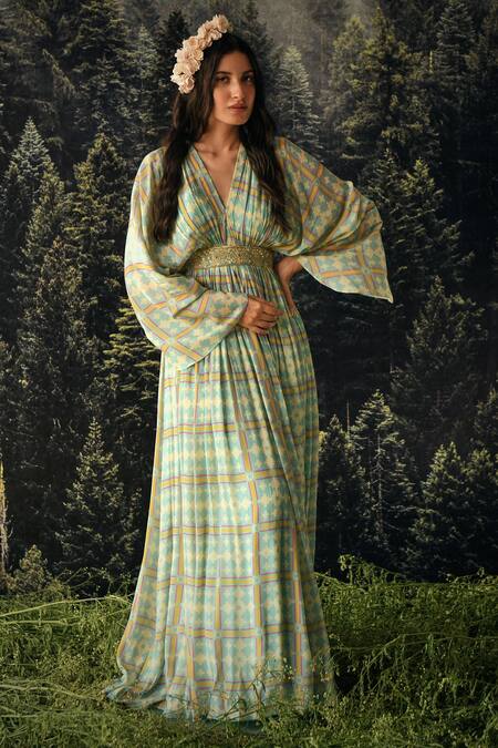 Paulmi And Harsh_Blue Kaftan  Georgette And Inner  Santoon Cutdana & Sequin, Geometric With Belt _Online_at_Aza_Fashions