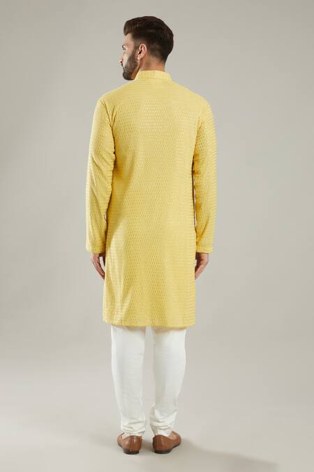Shop Kasbah Yellow Chanderi Embroidery Mandarin Collar Kurta Set at Aza Fashions Shop_Kasbah_Yellow Chanderi Embroidery Mandarin Collar Kurta Set _at_Aza_Fashions