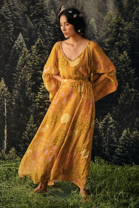 Shop_Paulmi And Harsh_Yellow Jacket  Organza And Maxi Dress Crepe Floral Print V Neck Strappy With _Online_at_Aza_Fashions