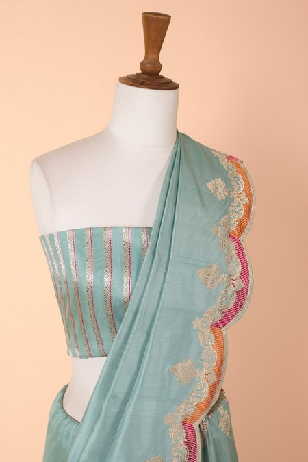 Ekaya Banaras_Blue Silk Banarasi Kadwa Handwoven Scallop Border Saree_Online_at_Aza_Fashions