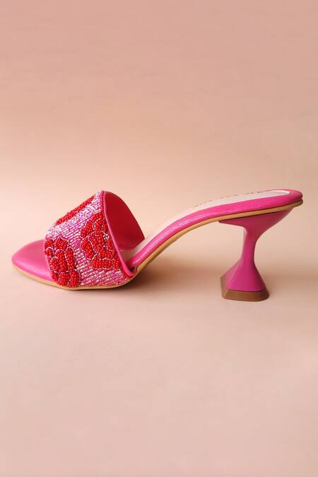 Buy_Tic Tac Toe Footwear_Pink Rose Embroidered Spool Heels_Online_at_Aza_Fashions