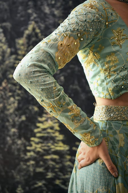 Paulmi And Harsh_Blue Crepe Cutdana And Sequin, Floral Print, Mirror, Pre-draped Saree With Blouse _at_Aza_Fashions