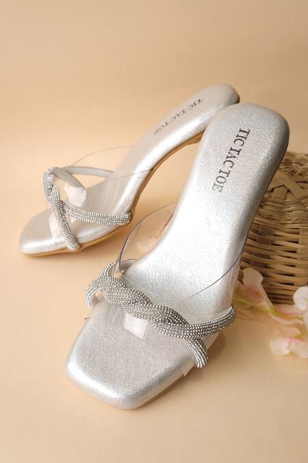 Tic Tac Toe Footwear_Silver Diamonds Twisted Kitten Heels_Online_at_Aza_Fashions