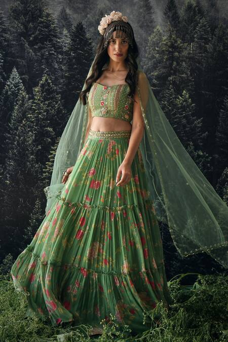 Paulmi And Harsh_Green Cutdana, Floral Print, Mirror And Thread, Sequin, V Neck Lehenga Set_Online_at_Aza_Fashions