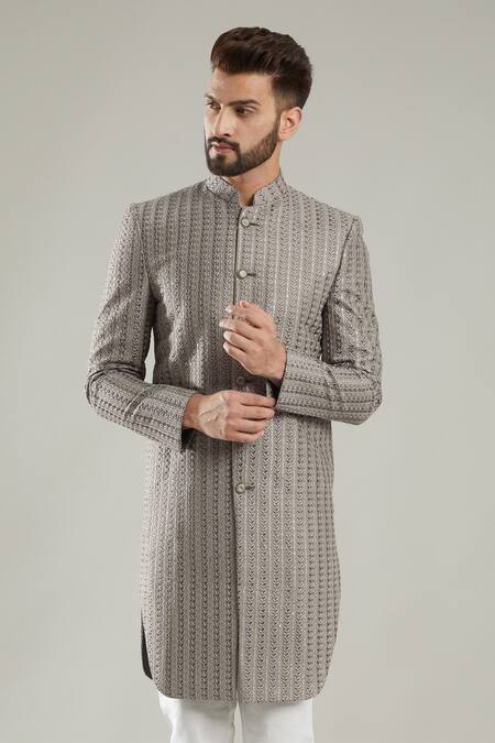 Kasbah_Grey Chanderi Thread Jacket Bandhgala_Online_at_Aza_Fashions