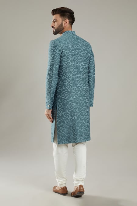 Shop Kasbah Blue Silk Floral Embroidered Sherwani at Aza Fashions Shop_Kasbah_Blue Silk Floral Embroidered Sherwani_at_Aza_Fashions