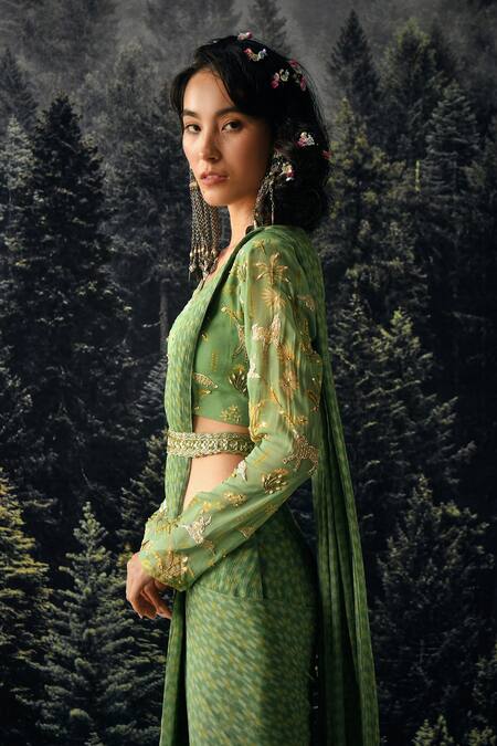 Shop Paulmi And Harsh Green Saree Chiffon And Blouse Georgette Sequin & Cutdana, Pre-draped With Online at Aza Fashions Shop_Paulmi And Harsh_Green Saree Chiffon And Blouse Georgette Sequin & Cutdana, Pre-draped With _Online_at_Aza_Fashions