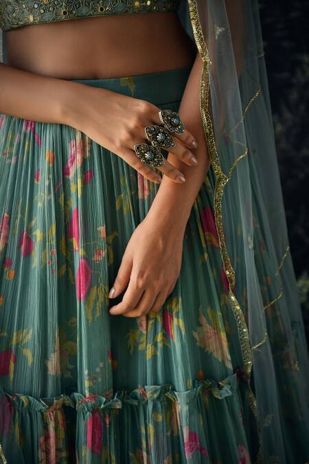 Paulmi And Harsh Blue Floral Print, Mirror, Sequin And Cutdana V Neck Lehenga Set at Aza Fashions Paulmi And Harsh_Blue Floral Print, Mirror, Sequin And Cutdana V Neck Lehenga Set _at_Aza_Fashions