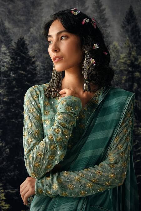 Buy Paulmi And Harsh Blue Saree Chiffon And Blouse Georgette Cutdana & Sequin, Pre-draped With Online at Aza Fashions Buy_Paulmi And Harsh_Blue Saree Chiffon And Blouse Georgette Cutdana & Sequin, Pre-draped With _Online_at_Aza_Fashions