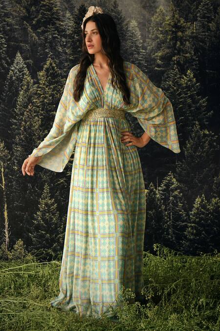 Buy_Paulmi And Harsh_Blue Kaftan  Georgette And Inner  Santoon Cutdana & Sequin, Geometric With Belt _Online_at_Aza_Fashions