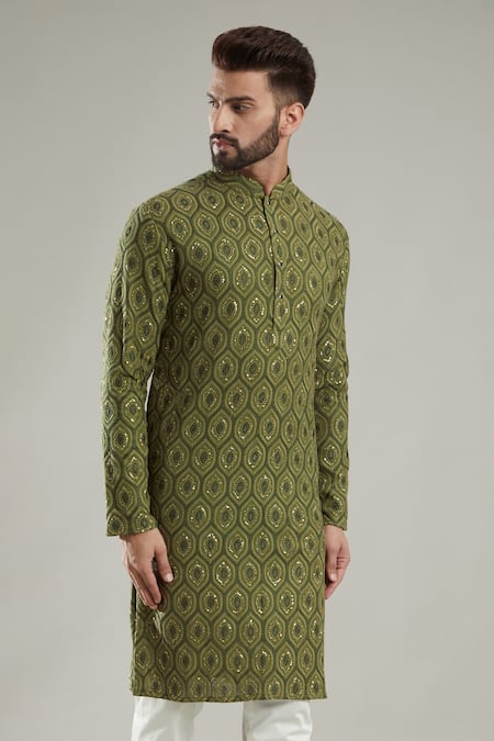 Kasbah_Green Silk Embroidery Mandarin Collar Kurta Set _Online_at_Aza_Fashions
