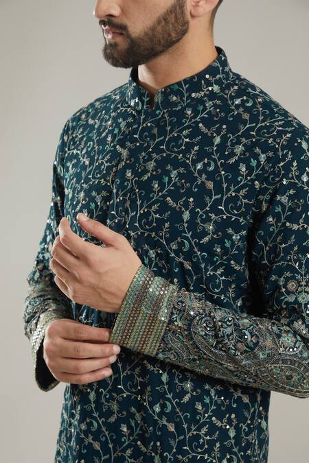 Buy_Kasbah_Green Georgette Kashmiri Embroidered Full Sleeve Kurta_Online_at_Aza_Fashions