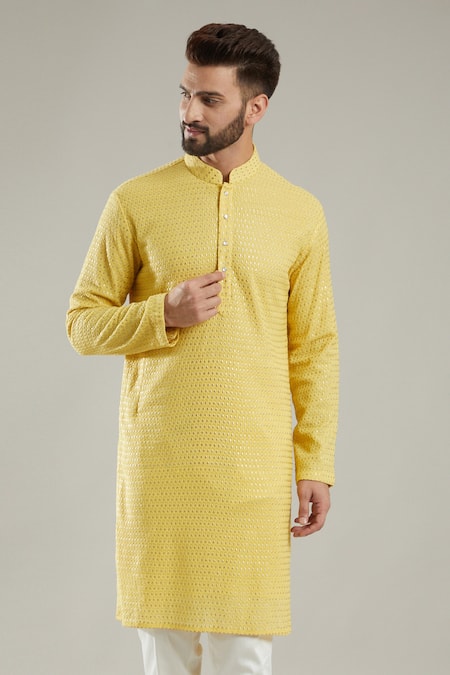 Kasbah Yellow Chanderi Embroidery Mandarin Collar Kurta Set Online at Aza Fashions Kasbah_Yellow Chanderi Embroidery Mandarin Collar Kurta Set _Online_at_Aza_Fashions