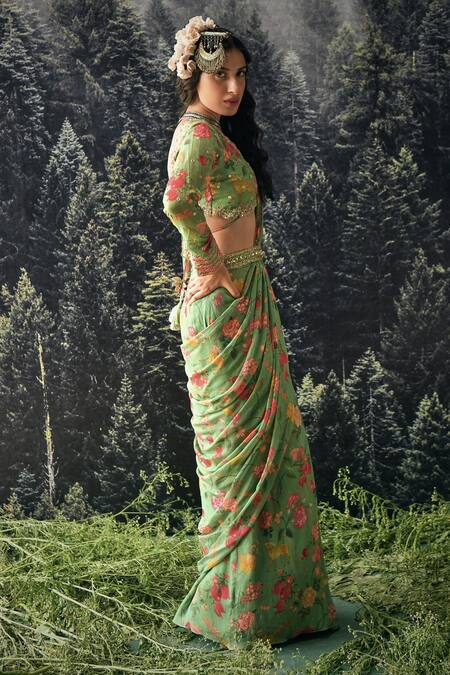 Paulmi And Harsh Green Saree Chiffon And Blouse Cotton Silk Cutdana, Mirror, Pre-draped With Online at Aza Fashions Paulmi And Harsh_Green Saree Chiffon And Blouse Cotton Silk Cutdana, Mirror, Pre-draped With _Online_at_Aza_Fashions