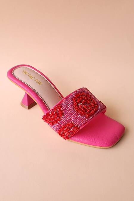 Shop_Tic Tac Toe Footwear_Pink Rose Embroidered Spool Heels_Online_at_Aza_Fashions