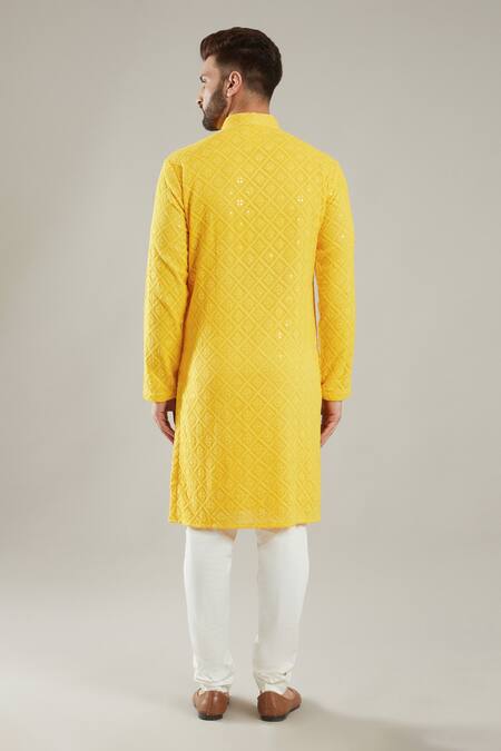 Shop Kasbah Yellow Georgette, Cotton Embroidery Full Sleeve Kurta Set at Aza Fashions Shop_Kasbah_Yellow Georgette, Cotton Embroidery Full Sleeve Kurta Set _at_Aza_Fashions