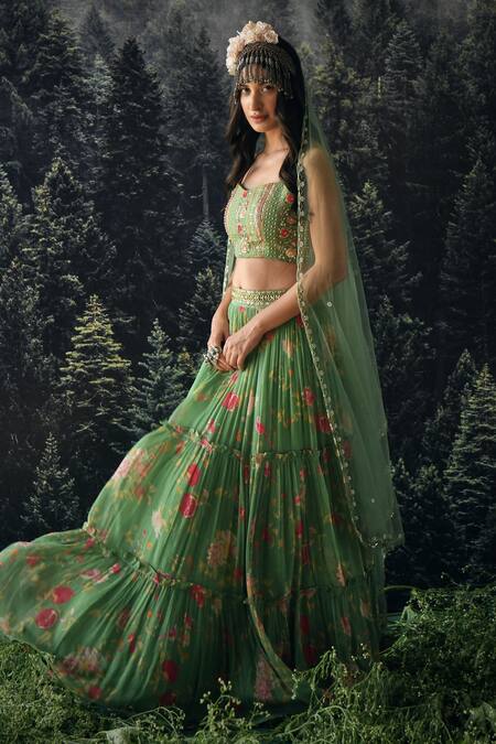 Buy_Paulmi And Harsh_Green Cutdana, Floral Print, Mirror And Thread, Sequin, V Neck Lehenga Set_Online_at_Aza_Fashions