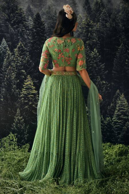 Shop_Paulmi And Harsh_Green Sequin, Cutdana And Moti, Jungle , Star Leaf Neck Lehenga Set _at_Aza_Fashions