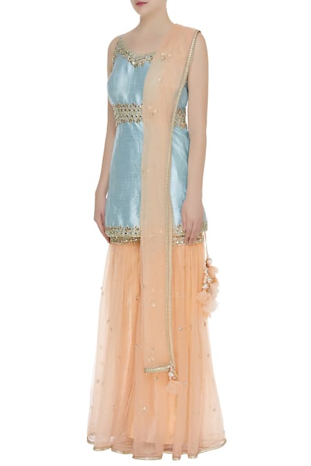 Preeti S Kapoor_Blue Net, Dupion Floral Notched Embroidered Kurta Sharara Set _Online_at_Aza_Fashions