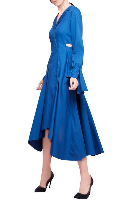 Manika Nanda Blue V Neck Cotton Asymmetric Dress Online at Aza Fashions Manika Nanda_Blue V Neck Cotton Asymmetric Dress _Online_at_Aza_Fashions