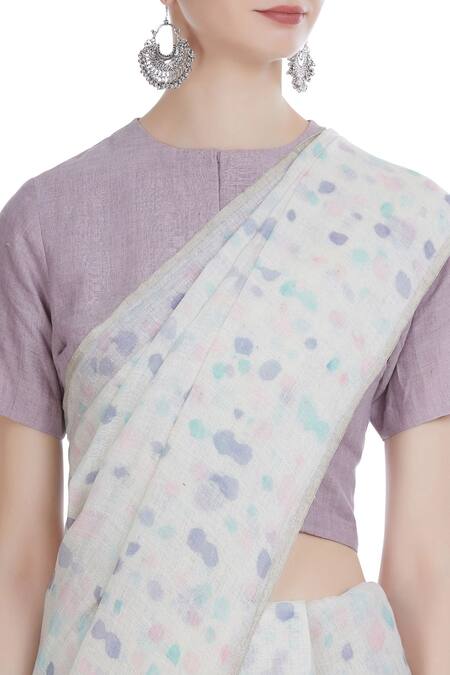 Shop_Anavila_White Brush Spot Batik Work Handwoven Linen Saree _Online_at_Aza_Fashions