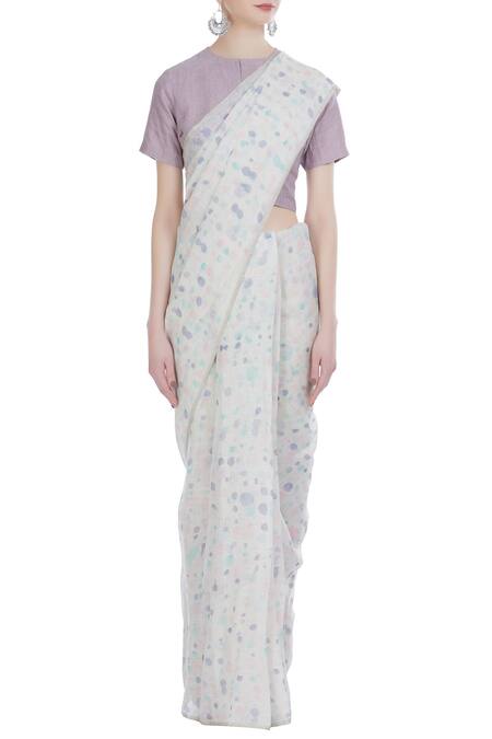 Anavila_White Brush Spot Batik Work Handwoven Linen Saree _Online_at_Aza_Fashions