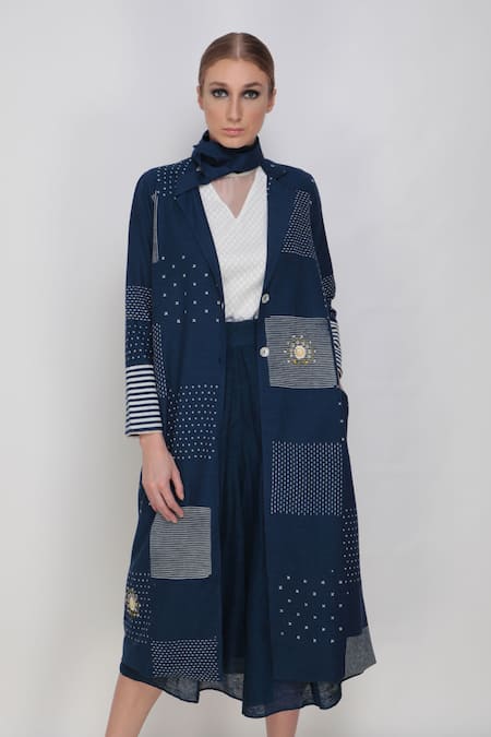 Arcvsh By Pallavi Singh Blue Handwoven Noil Silk Printed Jacket 