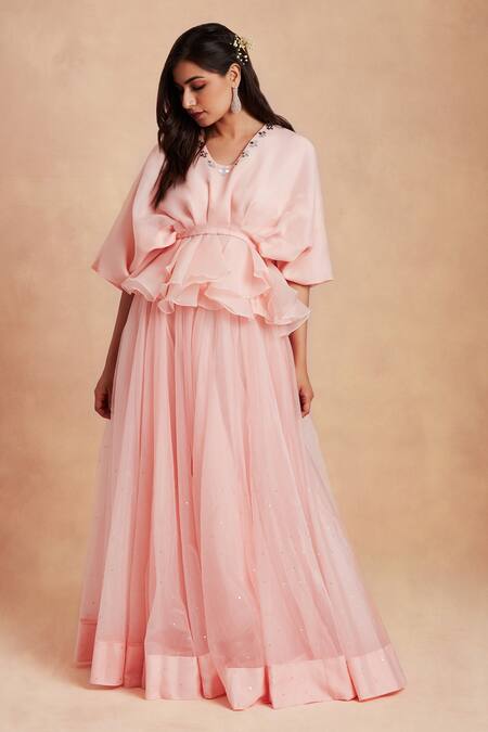 Sanjhana_Pink Organza Flared Lehenga_Online_at_Aza_Fashions