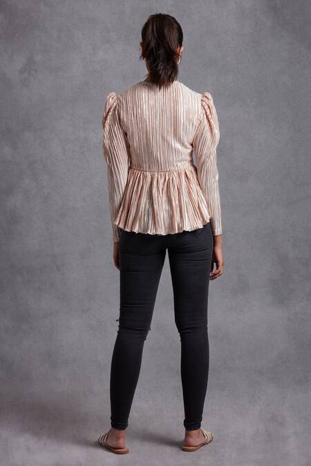 Shop Sanjhana Beige Metallic Peplum Top at Aza Fashions Shop_Sanjhana_Beige Metallic Peplum Top_at_Aza_Fashions