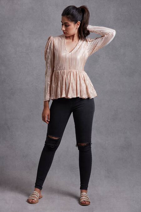 Shop Sanjhana Beige Metallic Peplum Top Online at Aza Fashions Shop_Sanjhana_Beige Metallic Peplum Top_Online_at_Aza_Fashions