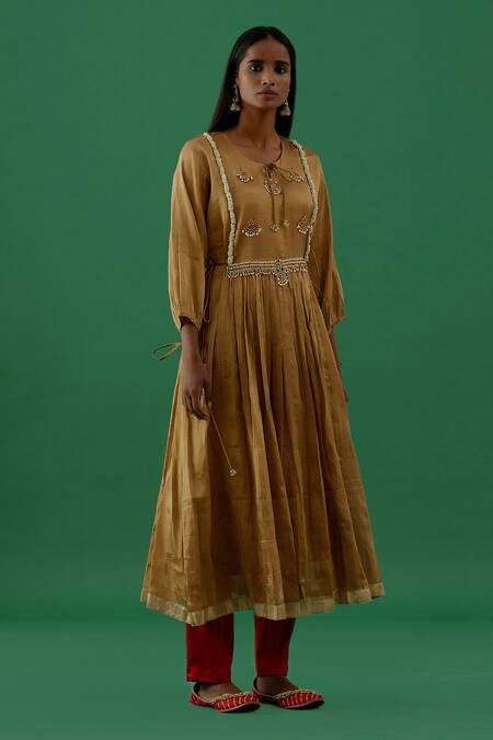 Buy_5elements_Gold Silk Tissue Embroidered Bead Keyhole Work Anarkali Pant Set _Online_at_Aza_Fashions