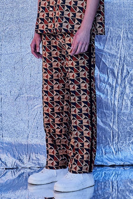 Line Out Line_Brown Cotton Geo Print Pyjama Pant_Online_at_Aza_Fashions