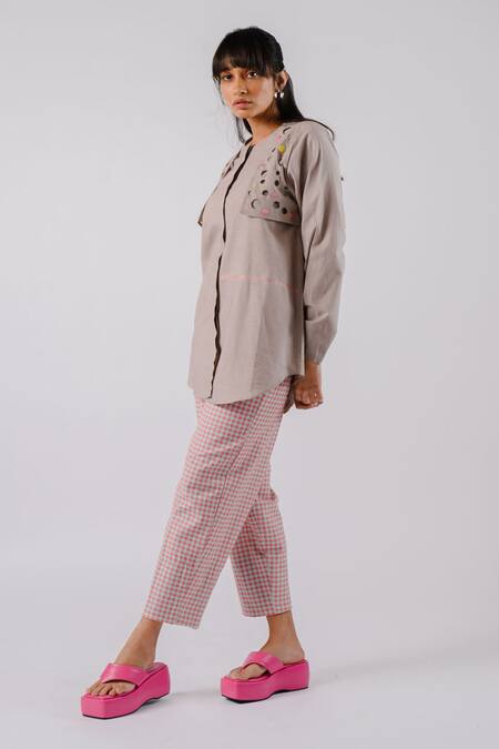 Tussah By Siddhi Shah Grey Cotton Embroidery, Cut Work Round Neck Flap Shirt With Checkered Pant Online at Aza Fashions Tussah By Siddhi Shah_Grey Cotton Embroidery, Cut Work Round Neck Flap Shirt With Checkered Pant _Online_at_Aza_Fashions