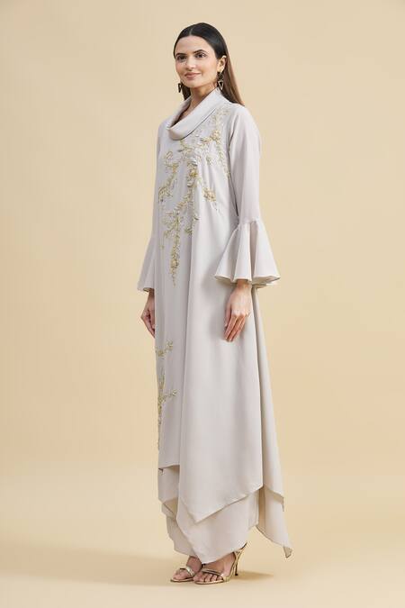 Zeel Doshi_White Georgette Turtle Neck Collar Asymmetric Embroidered Tunic  _Online_at_Aza_Fashions