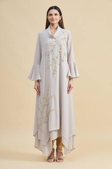 Shop_Zeel Doshi_White Georgette Turtle Neck Collar Asymmetric Embroidered Tunic  _Online_at_Aza_Fashions