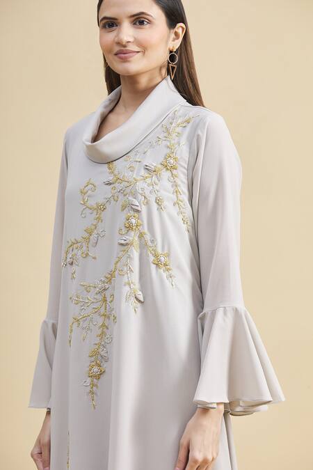 Zeel Doshi_White Georgette Turtle Neck Collar Asymmetric Embroidered Tunic  _at_Aza_Fashions