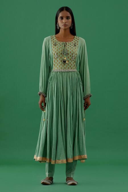 Buy 5elements Green 100% Cotton With Silk Brocade Yoke Embellishment Brooch Round Anarkali Set Online at Aza Fashions Buy_5elements_Green 100% Cotton With Silk Brocade Yoke Embellishment Brooch Round Anarkali Set _Online_at_Aza_Fashions