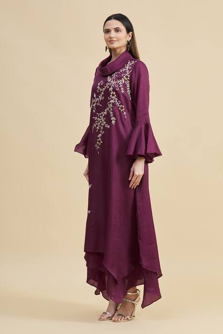Zeel Doshi_Purple Georgette Turtle Neck Collar Asymmetric Embroidered Tunic  _Online_at_Aza_Fashions
