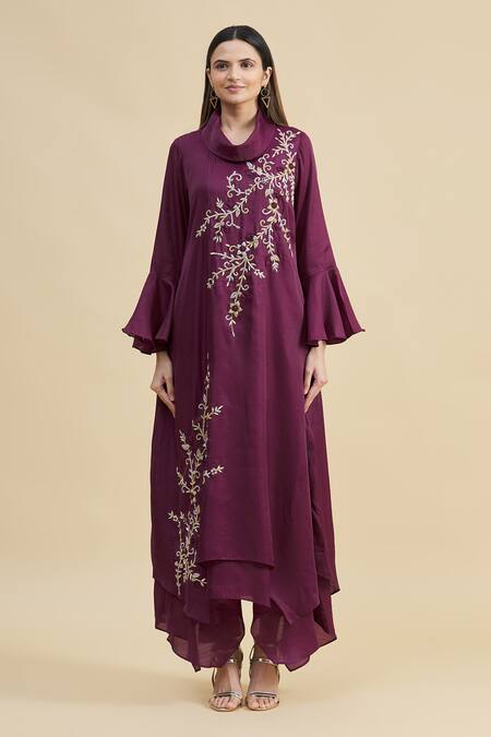 Shop_Zeel Doshi_Purple Georgette Turtle Neck Collar Asymmetric Embroidered Tunic  _Online_at_Aza_Fashions