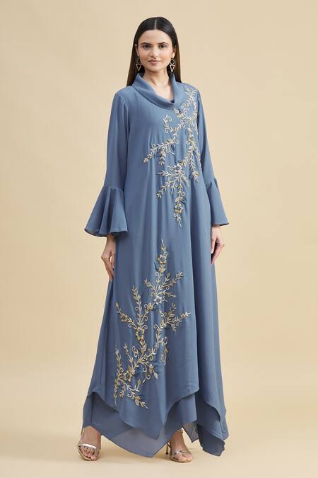 Buy_Zeel Doshi_Blue Georgette Turtle Neck Collar Asymmetric Embroidered Tunic  _Online_at_Aza_Fashions