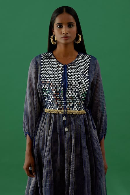 5elements Blue Chanderi Silk Tissue Embellishment Mirror And Ghungroo Work Anarkali Set Online at Aza Fashions 5elements_Blue Chanderi Silk Tissue Embellishment Mirror And Ghungroo Work Anarkali Set _Online_at_Aza_Fashions