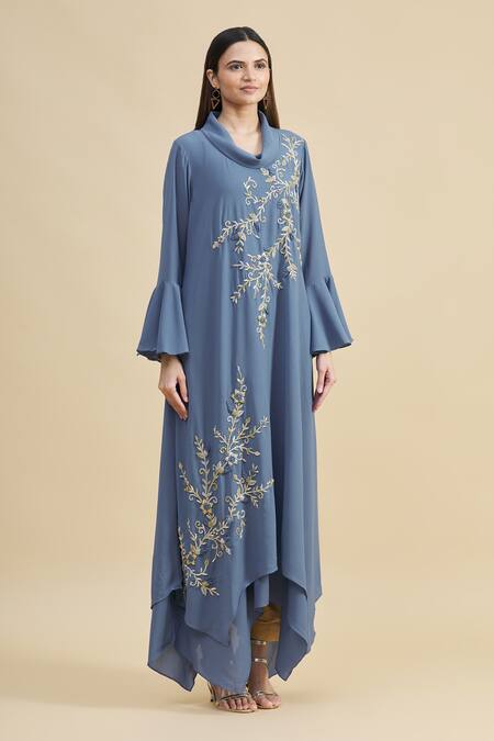 Zeel Doshi_Blue Georgette Turtle Neck Collar Asymmetric Embroidered Tunic  _Online_at_Aza_Fashions